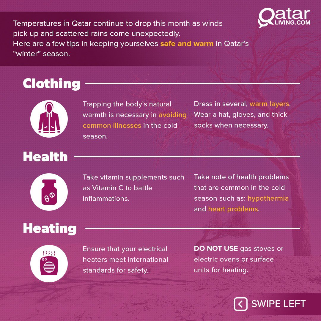 qatarliving's tweet photo. Today’s edition of #WellnessWednesdays focuses on how to stay safe and warm during #Qatar’s cold season. Now we may be known more for exceeding hot days, but the sudden drop in temperature this time of the year brings with it a change in daily routine.
#QLCares 
#QatarLiving https://t.co/xCAARczPT8