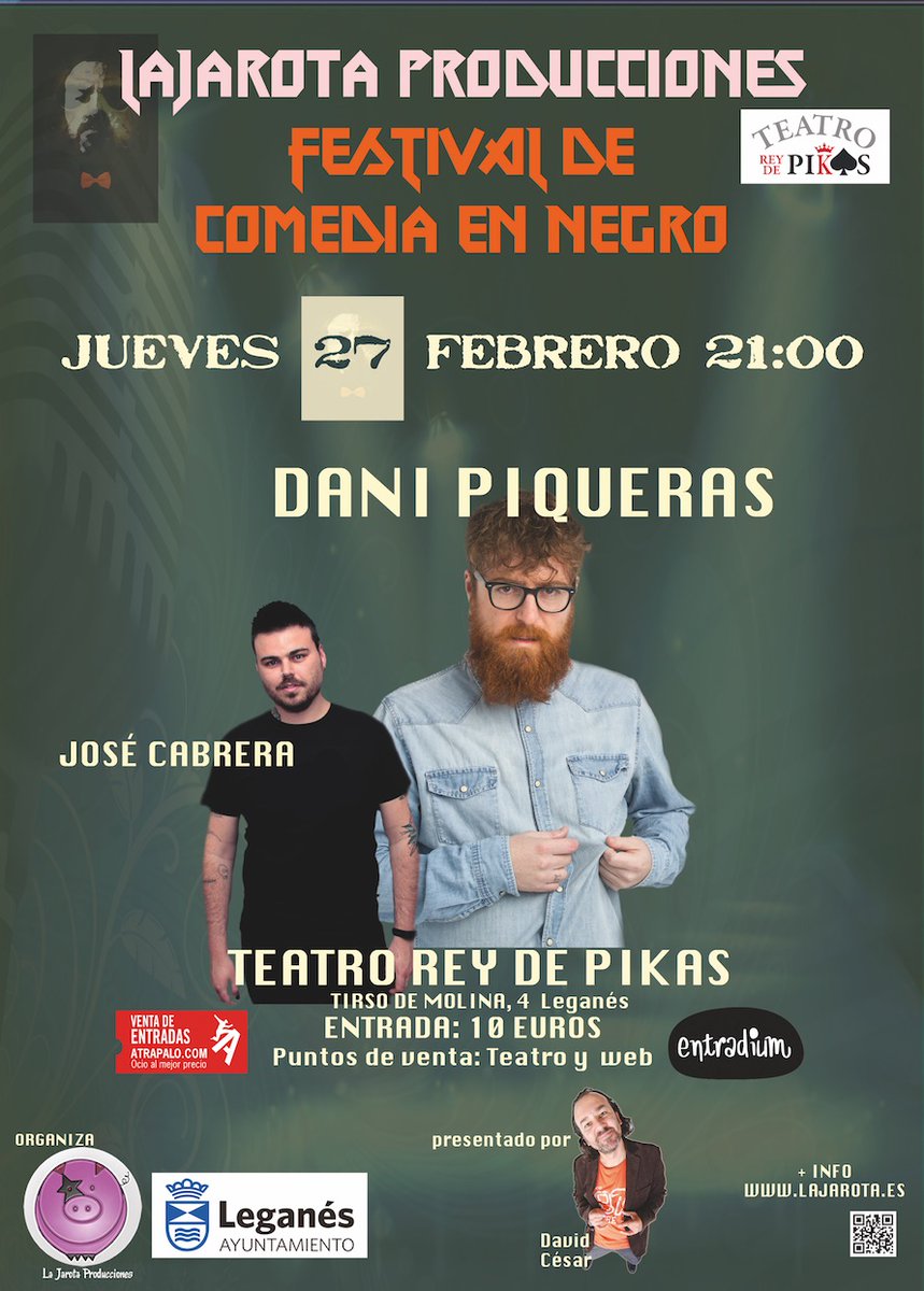 LaJarota's tweet photo. Entradas en @atrapalo para el FESTIVAL DE COMEDIA EN NEGRO DE LEGANÉS: ♟️👇🎟️🛒
https://t.co/zAZFFE9bPZ https://t.co/hy1xZPRiGy