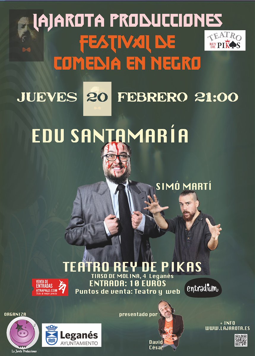 LaJarota's tweet photo. Entradas en @atrapalo para el FESTIVAL DE COMEDIA EN NEGRO DE LEGANÉS: ♟️👇🎟️🛒
https://t.co/zAZFFE9bPZ https://t.co/hy1xZPRiGy