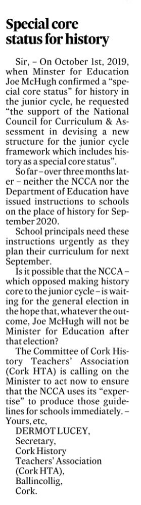 Special Core Status for #History: ‘The Committee of Cork History Teachers’ Association (<a href="/CorkHTA/">Cork HTA</a>) is calling on the Minister <a href="/McHughJoeTD/">Joe McHugh</a> to act now to ensure that the NCCA uses its “expertise” to produce those guidelines for schools immediately.’ #histedchatie <a href="/IrishTimes/">The Irish Times</a>