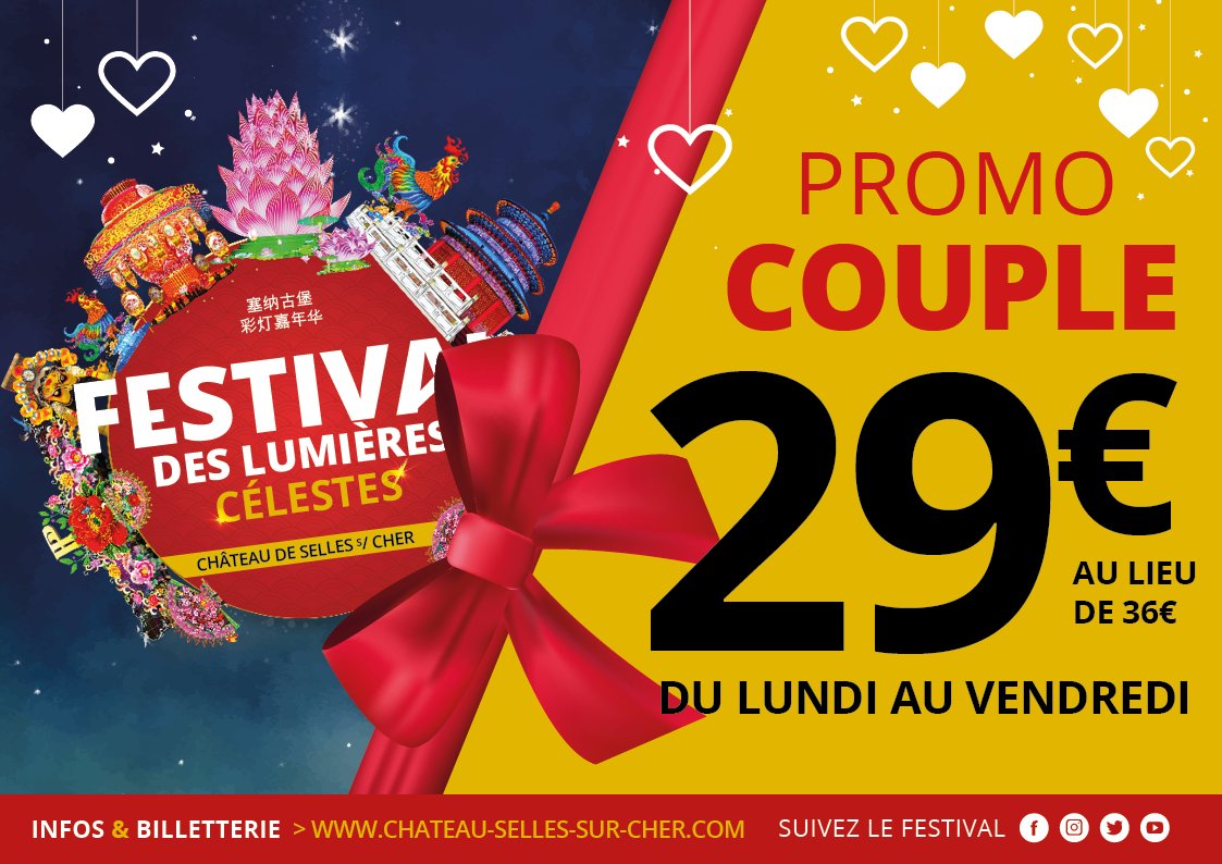 Envie de vivre une soirée riche en émotions ? D'avoir des étoiles plein les yeux ? ✨ ❤️🎁
Découvrez le Festival des Lumières Célestes en amoureux 😊

Valable pour 2 personnes du lundi au vendredi.

Réservez vos places > chateau-selles-sur-cher.com/festival-des-l…

#festival
