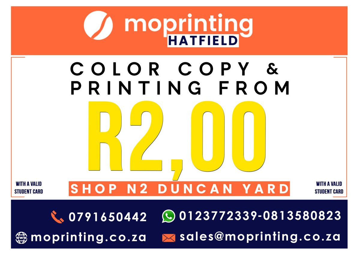 mo_printingza's tweet photo. Mo Printing Hatfield now open

Students Discounts

Color Printing and Photocopy from R2/page
B&amp;W Printing and Photocopy from R0.50c/page

Computer Repair / Software update available

What's App 012 377 2339 Email: sales@moprinting.co.za https://t.co/35jayV6H2e