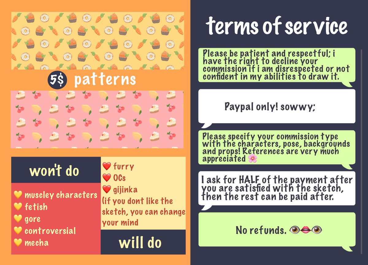 gelicarrotcake's tweet photo. COMMISSIONS! ✨✨ modified my sheet and i want to help pay for my dads medical bills

RTs are super appreciated! 💖

DISCLAIMER; i may take longer on the drawing than usual because im in the hospital right now watching my dad,, https://t.co/YzSv60EFUF