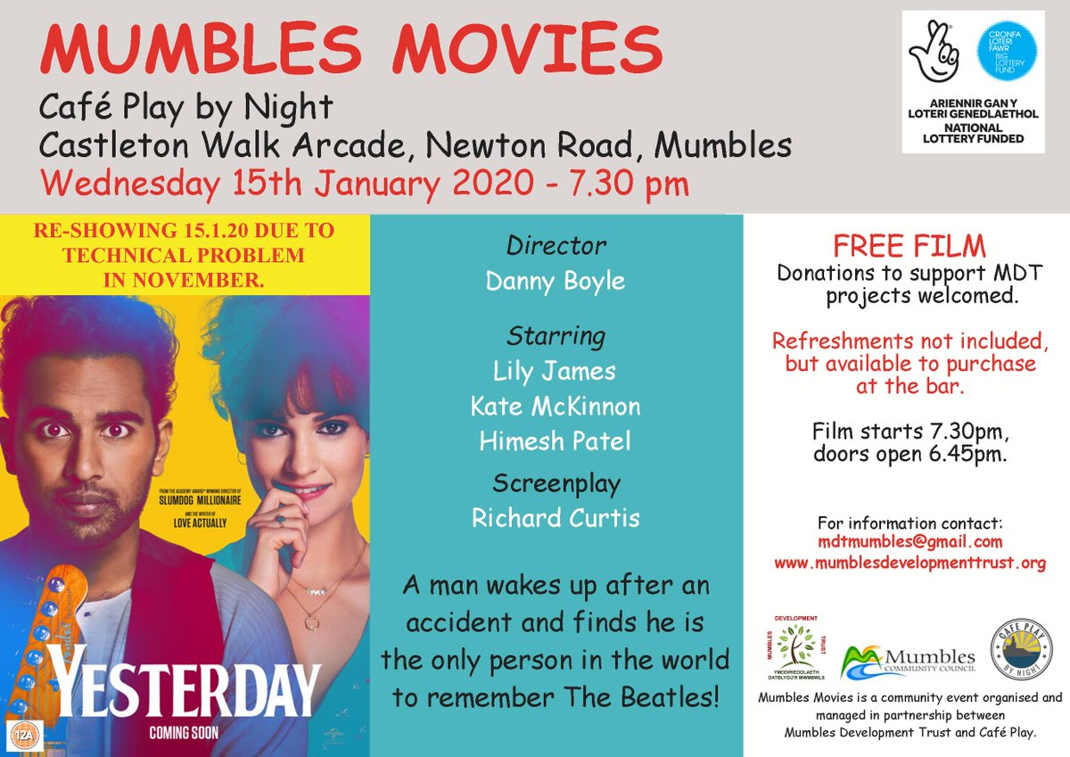 CafePlayMumbles's tweet photo. FREE CINEMA! Tonight Mumbles Movies by 
@MDTMumbles
 will be showing Yesterday, a romantic comedy written by Richard Curtis. We'll open from 7pm with a 7:30pm start - it's FREE entry and the bar will be open! Seating is on a 'first come' basis #Mumbles #Swansea #CommunityCinema https://t.co/mEZwi9WgRL