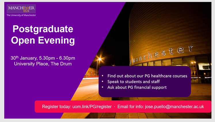 ManchesterMPH's tweet photo. Interested in studying on the University of Manchester's Master of Public Health online distance learning course? Why not come to the Postgraduate Open Evening on January 30th at University Place. https://t.co/hrYLiitXjw