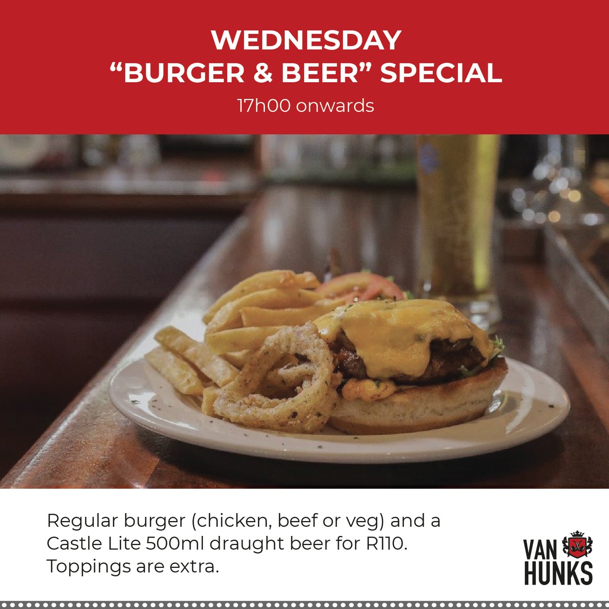 Weekly #HumpDay specials at #VanHunksOnKloof - #BurgerandBeer from 17h00 every #Wednesday. 

Order a regular burger (chicken, beef or veg) and a Castle Lite 500ml draught beer for R110. Toppings are extra.

#Burgers #Beer #CapeTown #Specials #KloofStreet