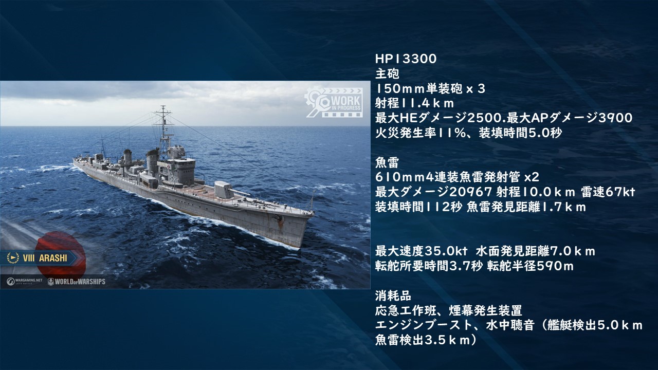 Worldofwarships日本運営 続いて日本tier8駆逐艦 嵐 陽炎型16番艦の嵐 ドイツで改装されたかのような なにやら不思議な性能をしています