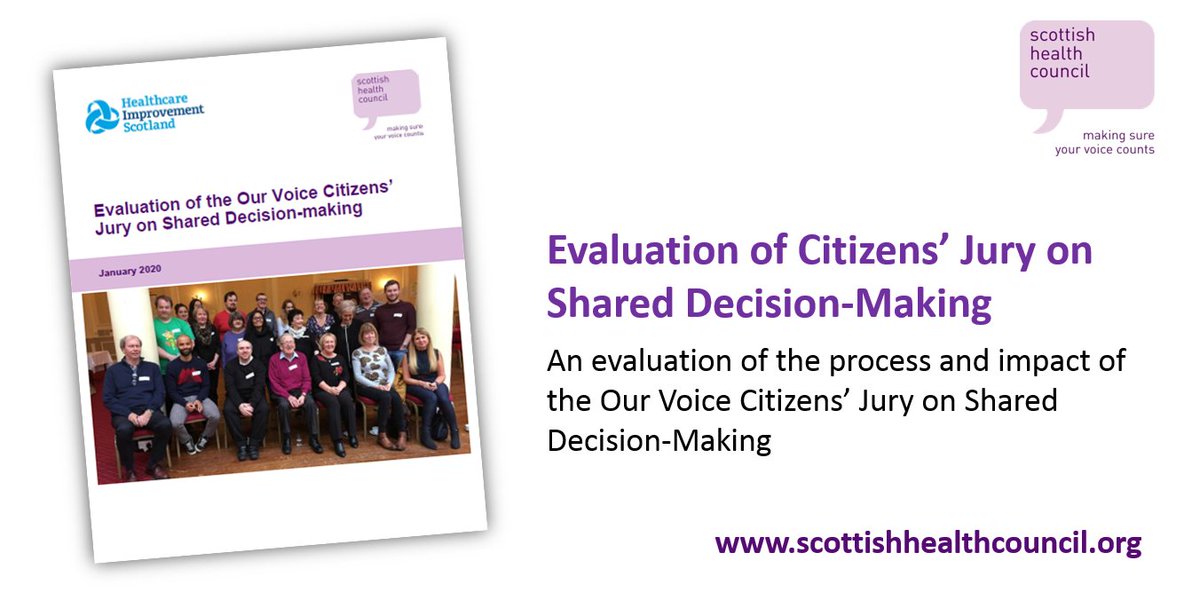 HISengage's tweet image. Today we publish an evaluation of the @OurVoiceScot Citizens’ Jury on Shared Decision-Making which met in Oct-Nov 2018 and made 13 recommendations to @scotgovhealth in Feb 2019.

➡️Find out more about the Jury and read the report at: scottishhealthcouncil.org/citizensjury.a…