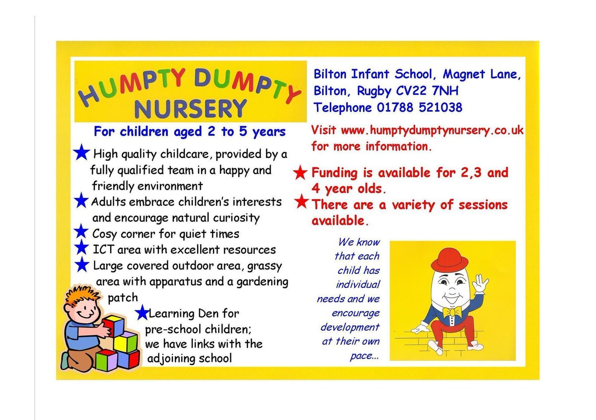 allsortsmag's tweet photo. Humpty Dumpty Nursery are a small, independent nursery that caters for children from 2 years to school age, situated within the grounds of Bilton Infant school in Bilton, Rugby.

https://t.co/tS5lt6NC9R https://t.co/ohAIsuSvJX