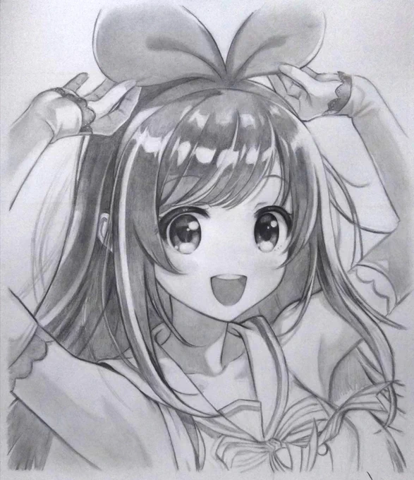 キズナアイちゃん続き?

お絵かき初心者さんのために簡単に説明つけながら描いていく?

リボン描いた?

リボン描いたけどバランスが…
修正するの面倒なのでこのまま描いていく?笑

髪の毛も薄くてムラになってたので重ね塗り? 