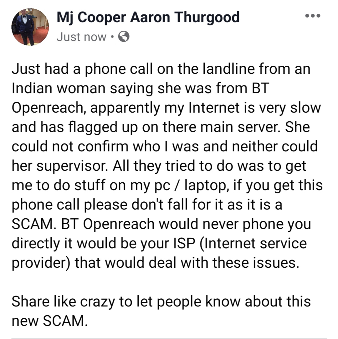 MjCooper69's tweet photo. PLEASE SHARE THIS TWEET ABOUT A NEW SCAM, info in picture. @bt_uk #btopenreach #scam #fakephonecall https://t.co/khhLow2HUG