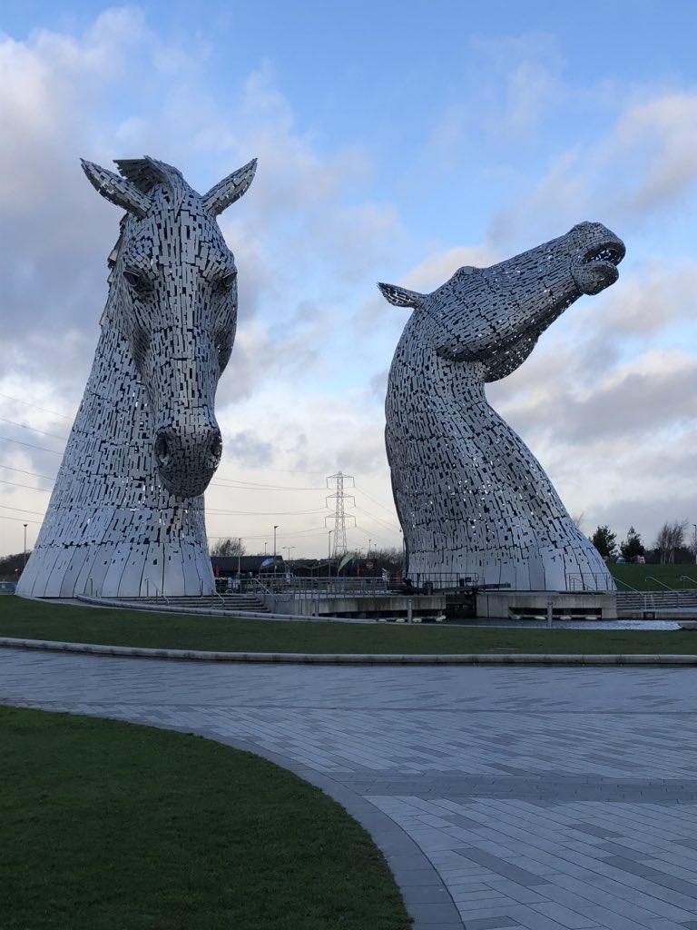charleswight's tweet photo. We’re in Falkirk, Scotland visiting the Kelpies. According to Scottish myth, the kelpies are shape-shifting water horses that would lure people to hide them before thundering into the water to drown them. https://t.co/orrpyS8dZ3