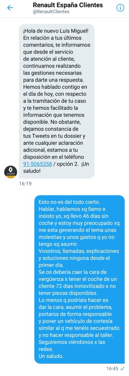 lsalinas1970's tweet photo. Bueno, 48 días ya sin coche y este es el nivel...
@renault_esp vía @RenaultClientes Explicaciones y respuestas, cero. Soluciones, ninguna.
A esperar, a pagar y a joderse!
@facua @consumidores @ConsumoAragon #vergüenza #RenaultTalisman https://t.co/jIi0LKO4zV
