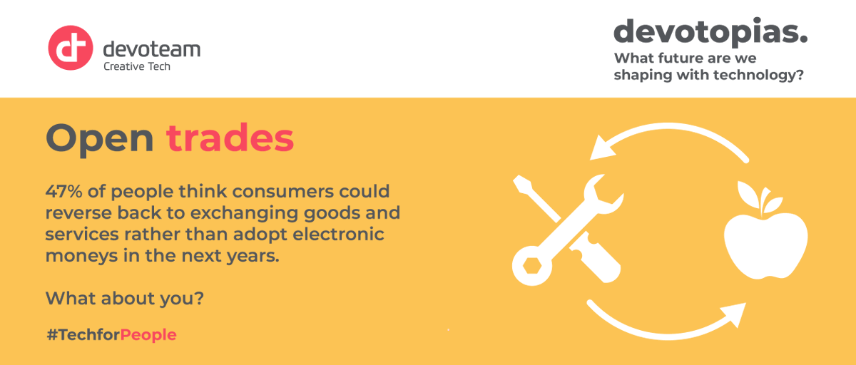 Devoteam's tweet photo. [ #DEVOTOPIAS ] Countries and consumers are going cashless, virtual money replacing physical one. But 47% think consumers could reverse back to exchanging goods and services. Want to know more? ⏩https://t.co/ngk4GAM9h0 #nextdecade #2020 #TechForPeople #Devoteam #economy https://t.co/eyNNbIGzht