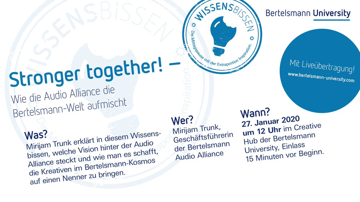 Bertelsmann_BU's tweet photo. ++ Erster Wissensbissen 2020 mit Mirijam Trunk zur Audio Alliance ++
Dieses Mal führt euch Mirijam Trunk durch das Thema Audio und erklärt, warum Podcasts heute nicht mehr wegzudenken sind: https://t.co/Mt3ICsrDzm
#AudioAlliance #bertelsmannuniversity @audionowde https://t.co/vF1An2xx4h