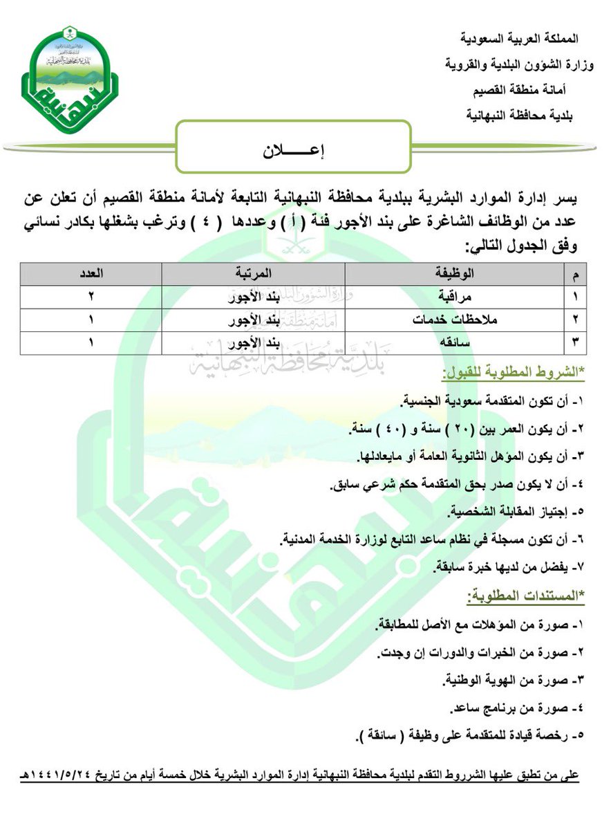 وظائف بلدية محافظة النبهانية على بند الأجور للنساء