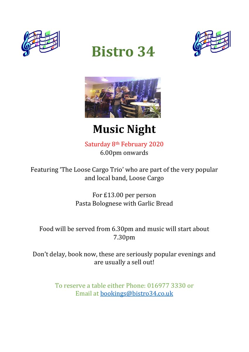 Our next Music Night is Saturday 8th February and is Pasta Bolognese with Garlic Bread. You know what to do, phone 016977 3330, email gillian@bistro34.co.uk or message me via Facebook. These evenings have become very popular so don't delay if you don't want to be disappointed!