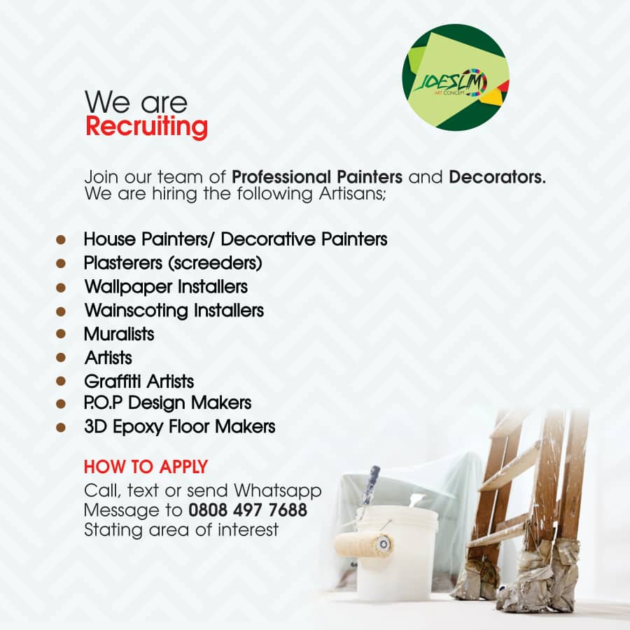 ipaint_design's tweet image. We are looking for qualified Artisans in Lagos that are passionate about offering quality service to join our team of painters and decorators. 

Kindly apply accordingly. 

 #painters #vacancy #hr #decorators #interiordecor