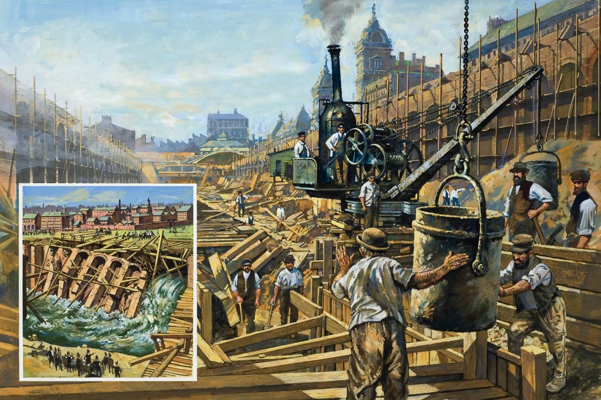 johnfreeman_DTT's tweet photo. From Look and Learn No. 944 (23rd February 1980): The Construction of First Underground Railway, art by Harry Green. Inset shows when the River Fleet burst through the cutting's brick wall https://t.co/SBJpQHBMAx