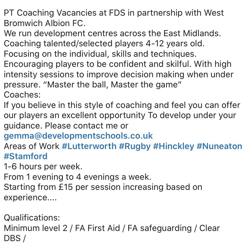 TheFDSAcademy's tweet photo. Vacancies: part time coaches required #jobs #jobsinfootball #careerinsport #footballjobs #coaching please rt or share with friends. 👍 thank you. https://t.co/vyP1kgqB9Q