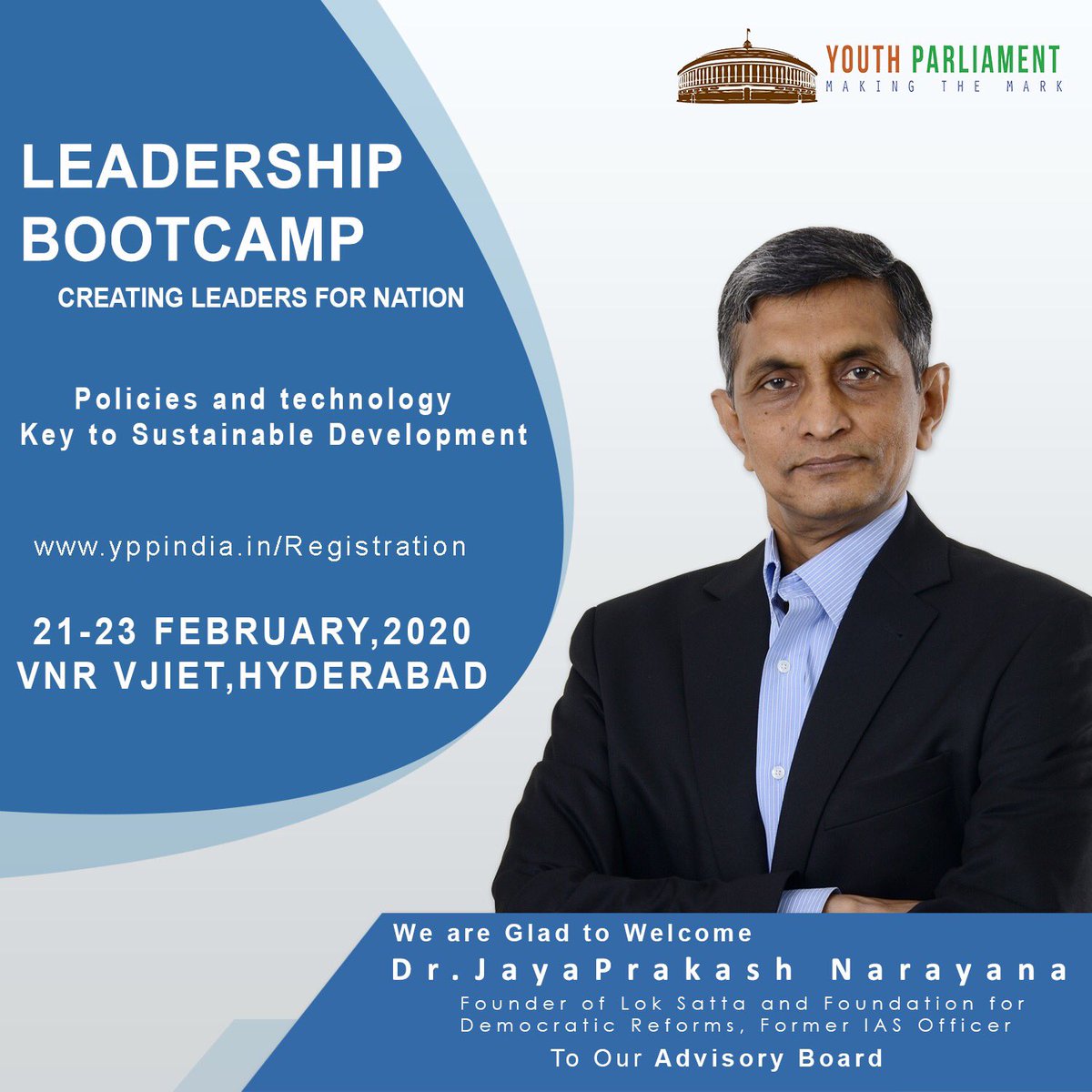Loksatta_Party's tweet photo. Dr @JP_LOKSATTA will be speaking at YouthParliamentProgram -Leadership BootCamp, VNR VJIET, HYD on FEB 21-23. 

Register now https://t.co/mnGSBHDh5a 

#CreatingLeadersForNation https://t.co/9p4v9YiGfe