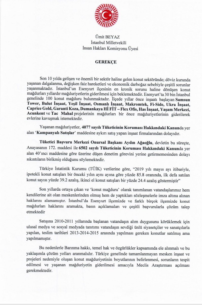 umitbeyaz34's tweet photo. Sadece Esenyurt İlçemizde 30Bin, İstanbul Genelinde 100Bin Konut Mağduru var.
Bu vatandaşlarımızın sorunlarının çözülüp mağduriyetlerinin giderilmesi için araştırma komisyonu önergesi verdik.
İnşallah iktidar partisi vekilleri de bu kez milletin sesine kulak verir. https://t.co/kgbIcOdSRa