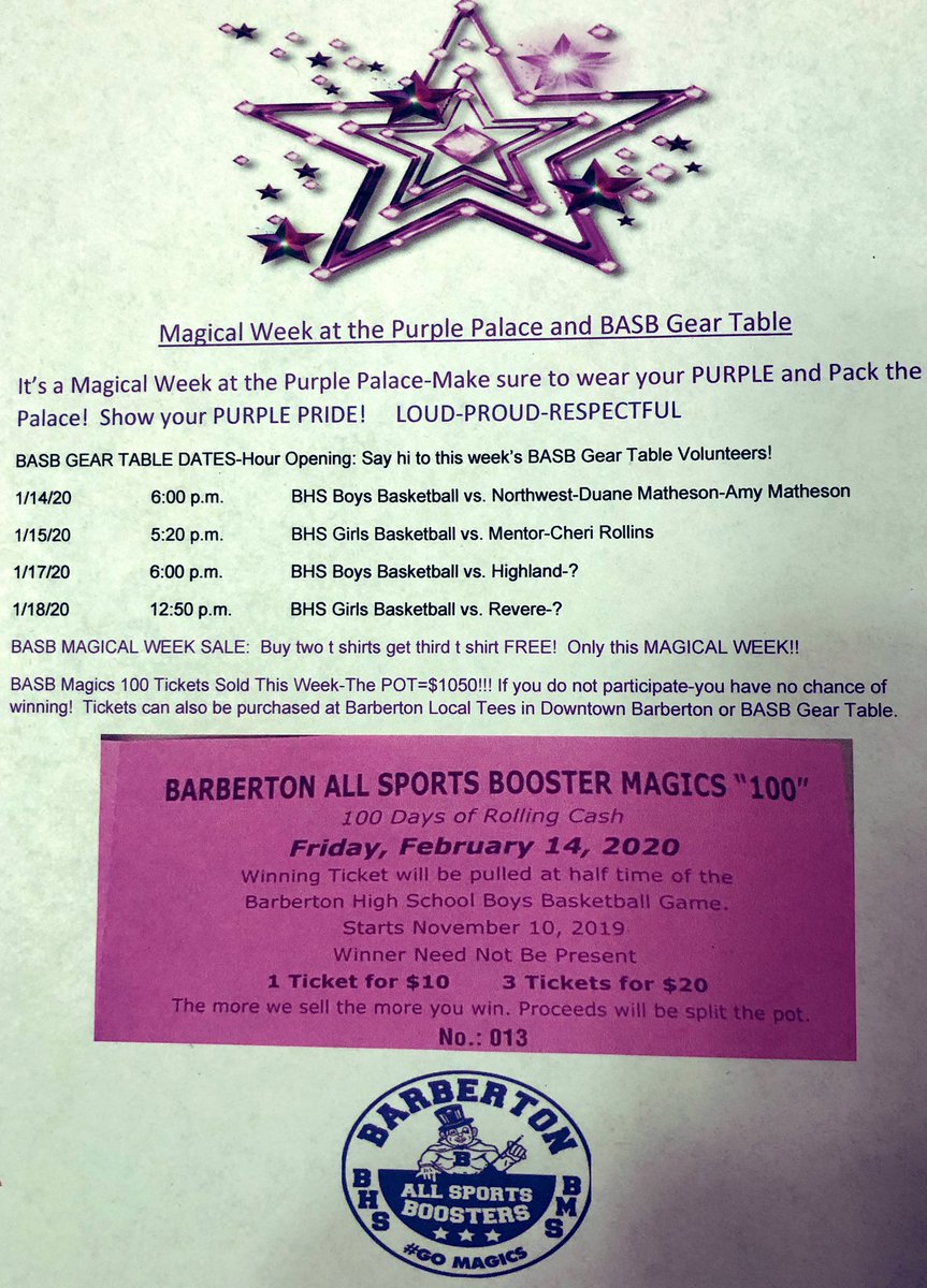 AllBasb's tweet photo. Tonight at the Purple Palace: @magics_lady with a record of 6-7 vs. Mentor. JV 5:30pm-Varsity 7:00pm.
BASB Magics 100-100 Days of Rolling Cash Tickets will be sold at BASB Gear Table in Commons. 1Ticket=$10-3Tickets=$20-15 Tickets=$100. Pot=$1180!
#gomagics #magicalweek https://t.co/AlRiyj1chG