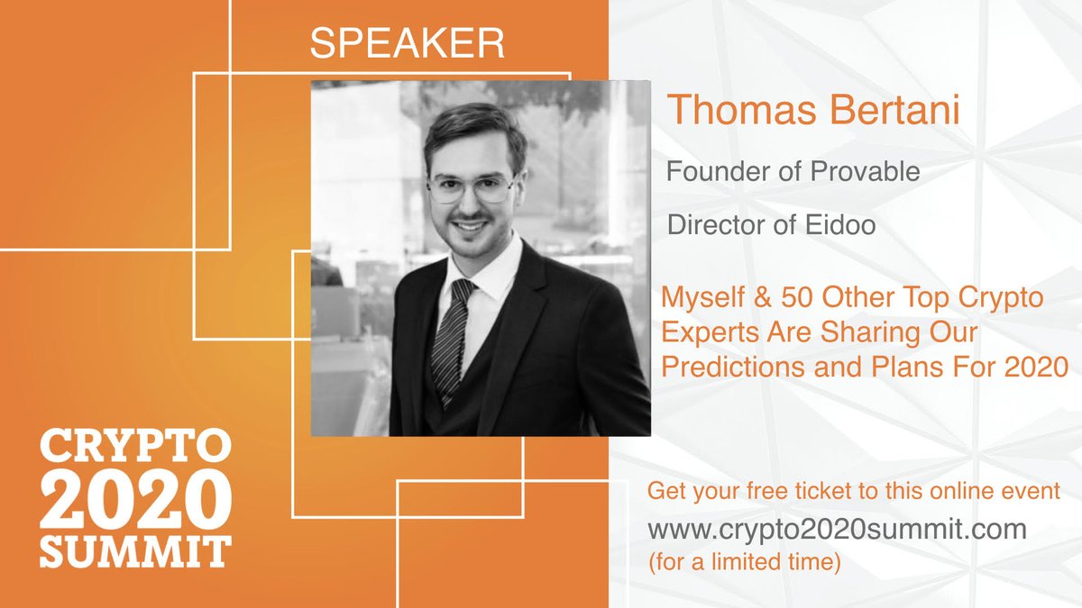 eidoo_io's tweet photo. Just 2 weeks to go until #Crypto2020Summit! 🚀
Be a part of the global action from the comfort of your own home 🌎🎥🛋
Only a limited no. of FREE tix to this jam packed event ft. world-leading #crypto experts - including our own @ThomasBertani 🤓💡
https://t.co/R1ntPuaWVf https://t.co/mzBNzIOW1M
