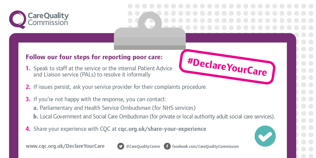 The <a href="/CareQualityComm/">Care Quality Commission</a> are collecting feedback on your experiences of care with #DeclareYourCare and we look forward to seeing the action they will take as a result of the feedback. 
For more information see bit.ly/CQCDeclare.