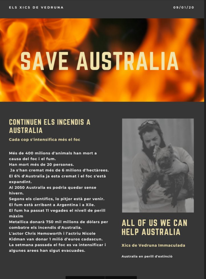 ImmaVedruna's tweet photo. A #ProjecteTerra de #1rESO hem estat investigant sobre el que està passant a #Australia . Hem treballat en #treballcooperatiu en #AustraliaOnFire #AustralianBushfires #AustraliaBurns
Aquí teniu la notícia sencera per si voleu veure tots els cartells:
https://t.co/o4movG3jjC https://t.co/EhKGwBjVF3