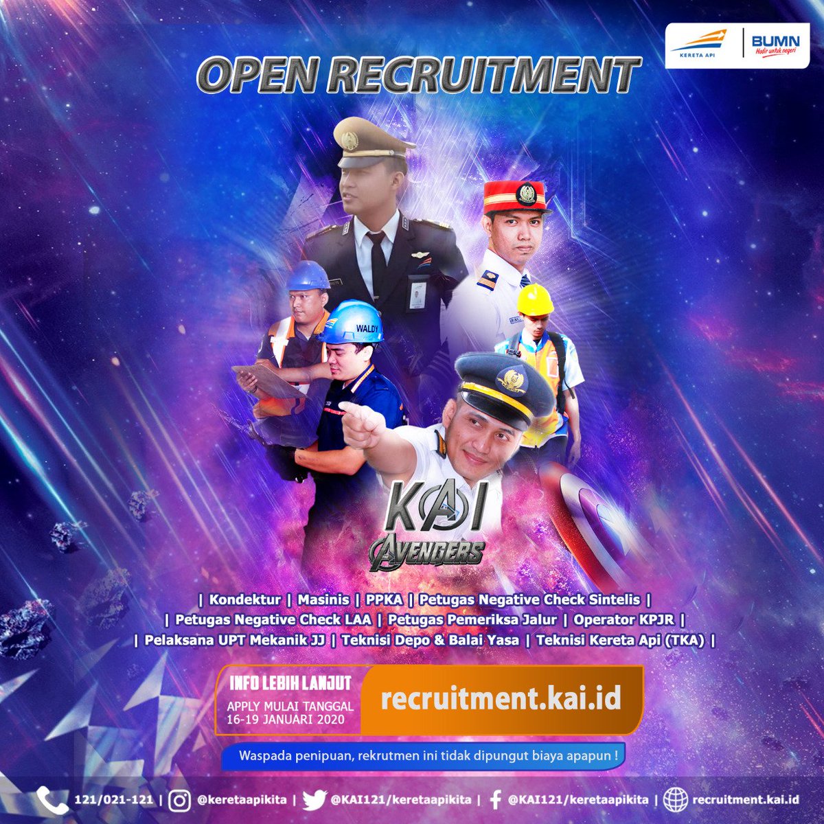 keretaapikita's tweet photo. Siap-siap! Apply bisa dilakukan mulai besok, Kamis 16 Januari 2020. 

Jangan lupa cek syarat dan ketentuannya mulai besok juga ya, Kamis 16 Januari 2020 di website resmi rekrutmen KAI, https://t.co/oN79MjTn2k. Tetap waspada ya terhadap segala bentuk penipuan rekrutmen. https://t.co/iBlcuqj9gj
