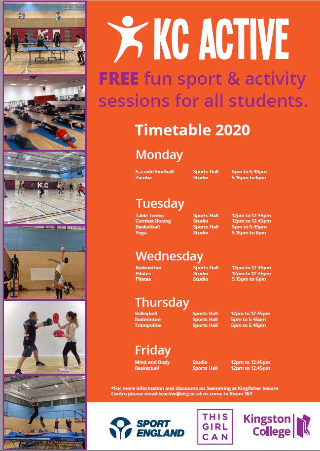 KCActive_'s tweet photo. We had a great first week back of our #KCActive sessions last week. It is great to see new faces joining in on the fun.
To improve our offers for our #KingstonCollege students we have made some changes on our timetable
#everystudentactive #mentalandphysicalhealth @KCupdate https://t.co/ujPRCs7V2v