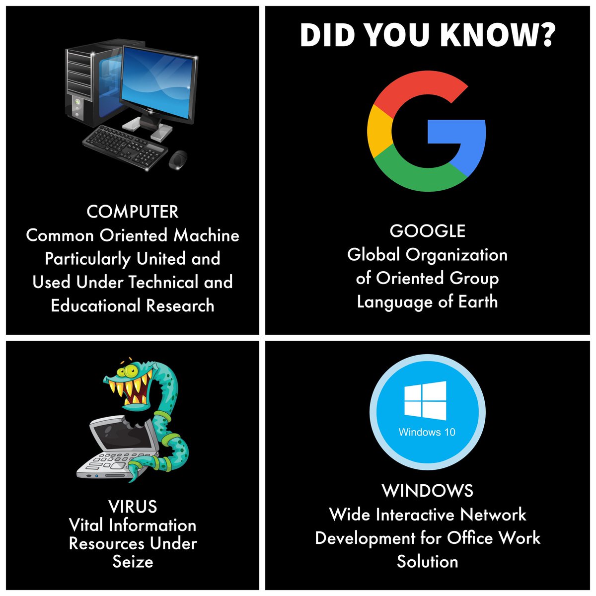 sarfarazweb's tweet photo. Some of the Well Known Acronym &amp; Their Full Form 😊. #sarfarazweb

#knowledge #knowledgeispower #fullform #tech #techhouse #popular #Companies #business #twittersearch #computers #virus #Windows #Google https://t.co/0tGwsheTck