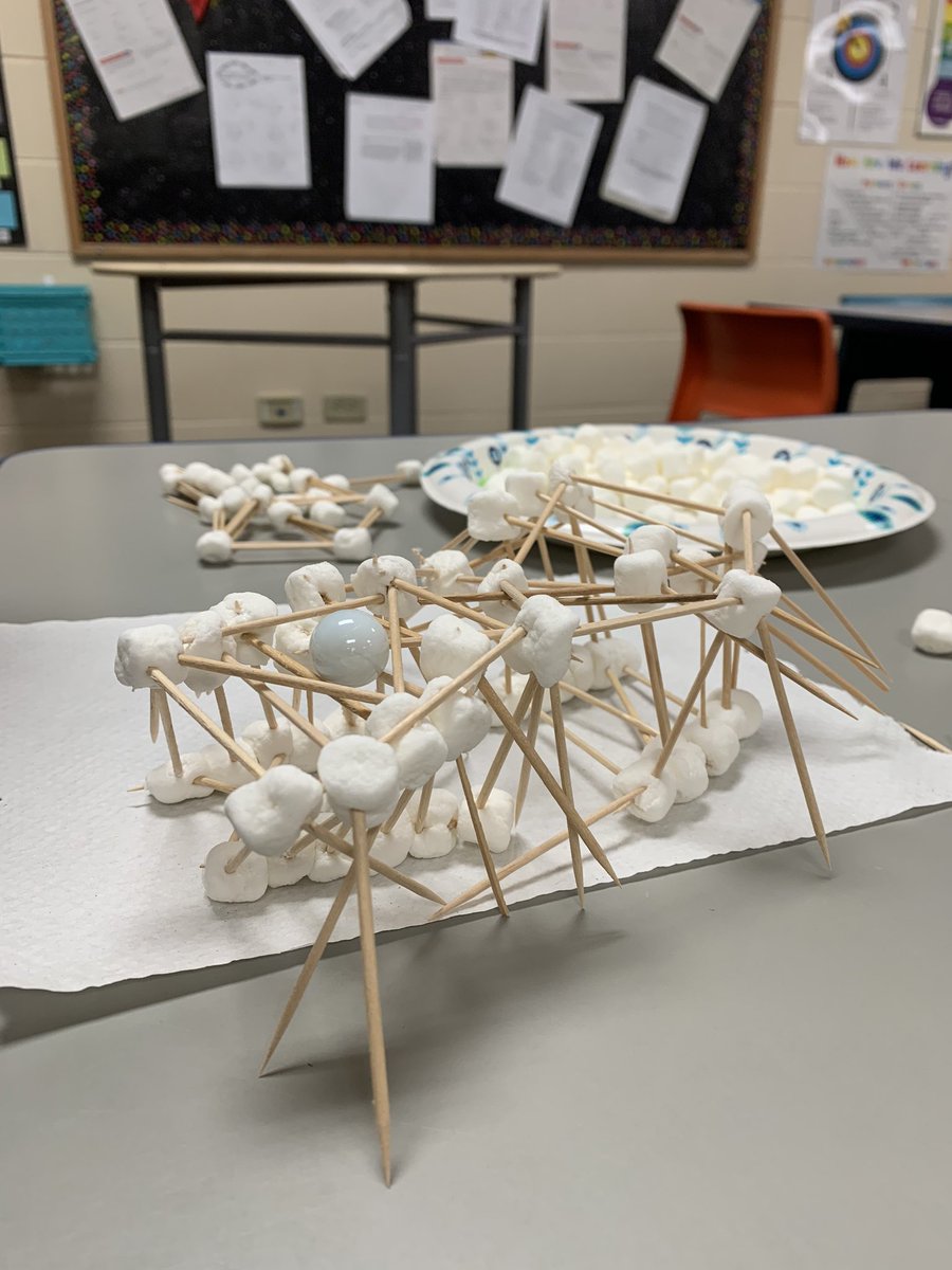 MsSouba's tweet photo. First STEM Club activity was to build a bridge out of tooth picks and marshmallows. No directions were given. Then we tested the bridges out by adding items. We talked about why the bridges worked or didn’t work. Then they had to work together to build one bridge. #STEM https://t.co/gbOzww50Rj