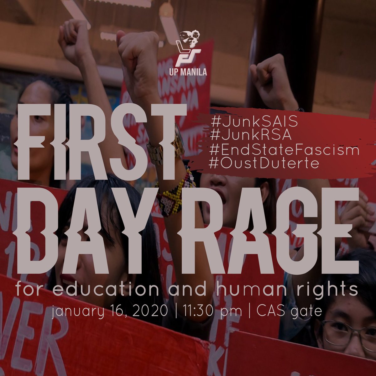 LFSUPM's tweet photo. Palaban nating salubungin ang bagong taon at semestre! Manindigan laban sa mga neoliberal na atake sa ating mga batayang serbisyo at sa mga atake ng Rehimeng US-Duterte sa kabataan at mamamayan! 

#JunkRSA #JunkSAIS #WeDemandSpace #EndStateFascism #StandWithTheYouth #OustDuterte https://t.co/xit6Rkl8Kd
