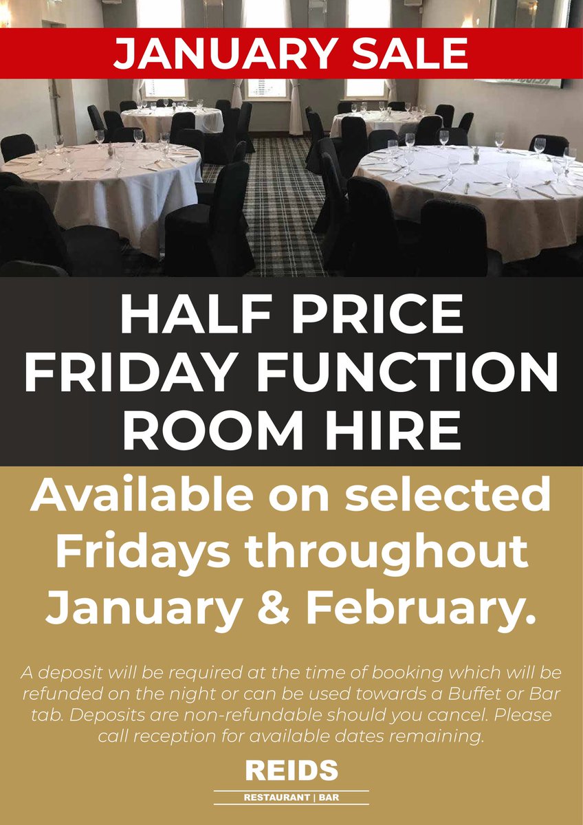 Half Price Friday Function Room Hire, available on selected Fridays throughout January &amp; February. Enquiries 
01277 632378
