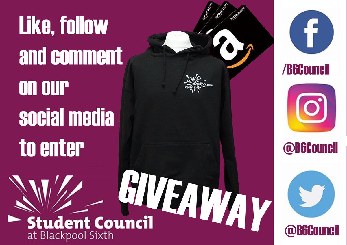 B6Council's tweet photo. Now is your chance! The B6Council giveaway is here. Like, Follow and comment on this post on any of our social media to be entered into our spectacular prize draw of an exclusive @BlackpoolSixth hoodie or a £20 amazon voucher ! https://t.co/XwTBtVAsF1