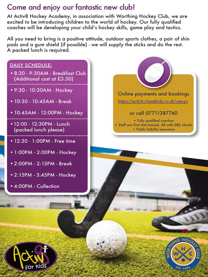 🚨🏑We are excited to announce that on Monday 17th February, we will be running our Hockey Academy Camp again this year at Worthing Hockey Club <a href="/WorthingHC/">Worthing Hockey Club</a> in Angmering🚨🏑

Suitable for all abilities, boys and girls aged 6 to 14 years old.  For more info: activ8.class4kids.co.uk