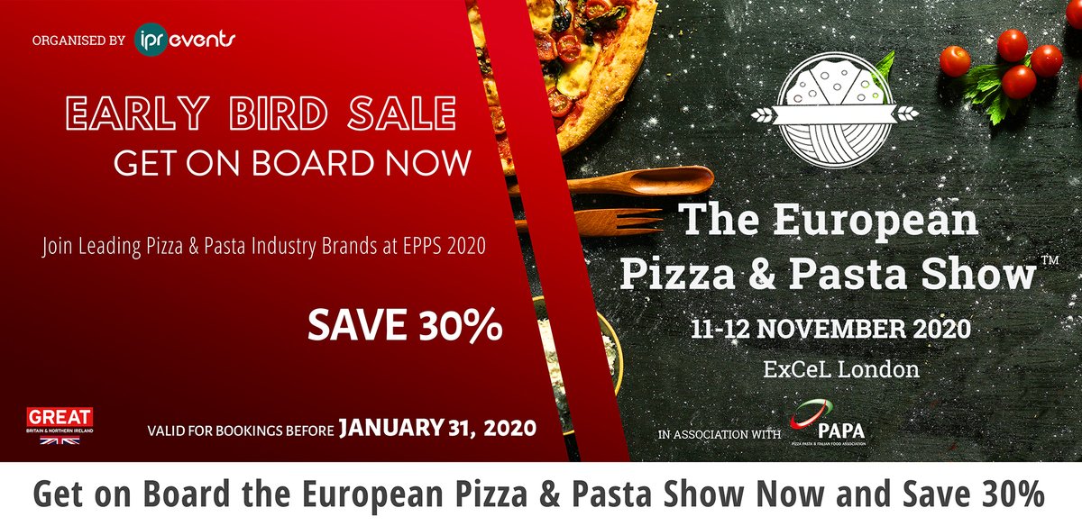 Pizzapastashow's tweet photo. Early Bird Offer - Get On Board The European Pizza &amp; Pasta Show Now And Save 30% - Available Until 31.01.2020 [Campaign URL] 

#pizzapastashow #eppshow20 #epps2020 #uk #excel #london #pizza #pasta #italianfood #tradeshow #b2b https://t.co/c0OReivec2