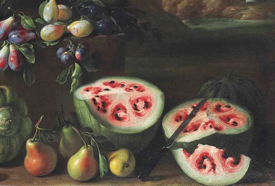 12. Sekitar 400 tahun lalu, bentukan semangka potong adalah seperti pada lukisan minyak Giovanni Stanchi di bawah ini. 