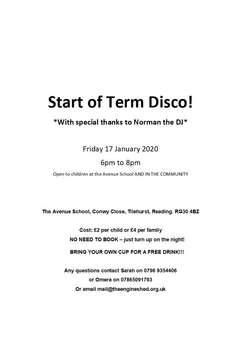 Please join us this coming Friday for the Start of Term disco at The Avenue. All are welcome