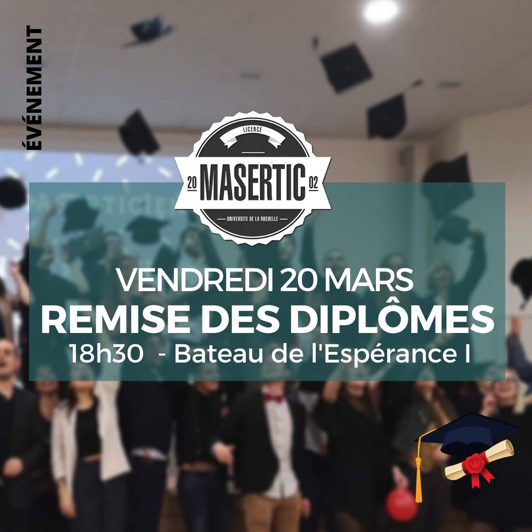👉 SAVE THE DATE 👈

Le vendredi 20 mars 2020 aura lieu la remise des diplômes de la promo 2018-2019 🎓

⌚️ Heure : 18 h 30
📍 Lieu : bateau de l'Espérance, La Rochelle

Tous les étudiants des années précédentes sont également invités.

👉 Inscription : cutt.ly/VrxOtQZ