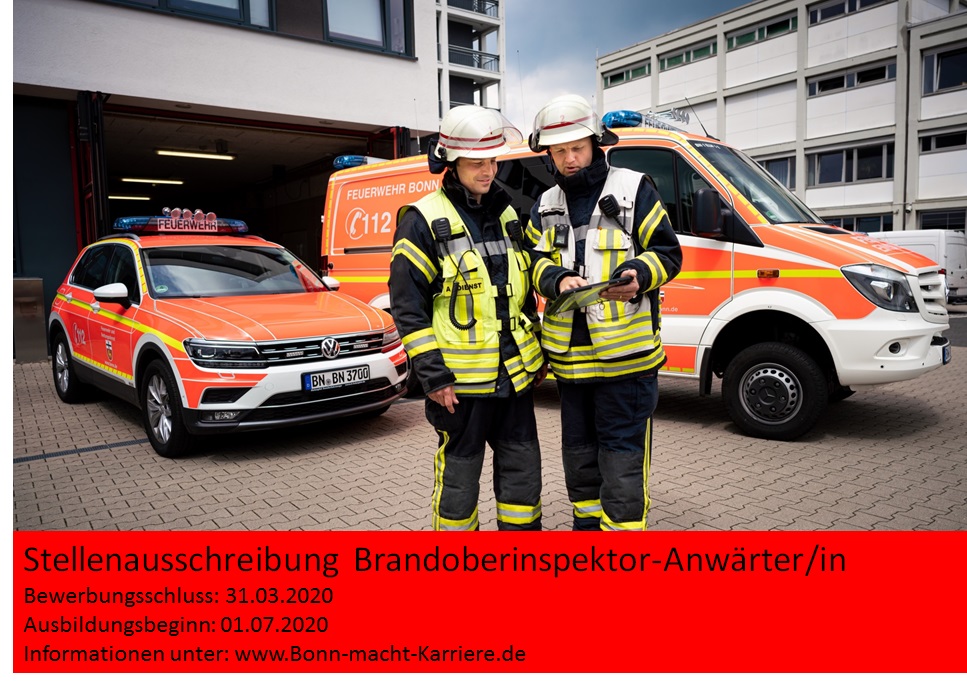 FeuerwehrBonn's tweet photo. +Stellenausschreibung Brandoberinspektoranwärter/in+

Wir suchen zum Einstellungsdatum 01.07.2020 Verstärkung für unseren Führungsdienst.
Infos rund um die Ausbildung bei der @FeuerwehrBonn finden Sie unter:
https://t.co/kzIRU4xYsR

#EinsatzfuerBonn
#Bonn112 https://t.co/huawj85hQ8