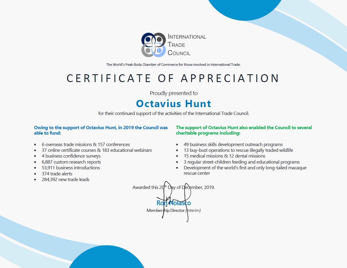 OctaviusHuntLtd's tweet photo. Thank you @IntTradeCouncil! https://t.co/OfDQ93krnq