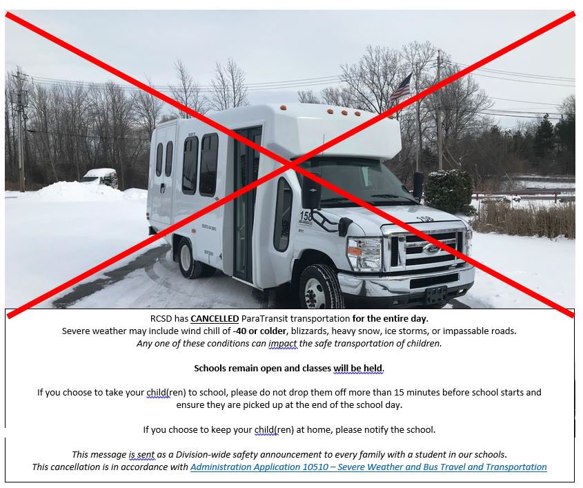 chase_elena's tweet photo. @RCSD_No81 for Jan. 15 will have yellow school buses and cabs running as normal only the para transit students are not running as its -43.
Please dress warm and stay safe￼ https://t.co/SkqJdK5ZHf