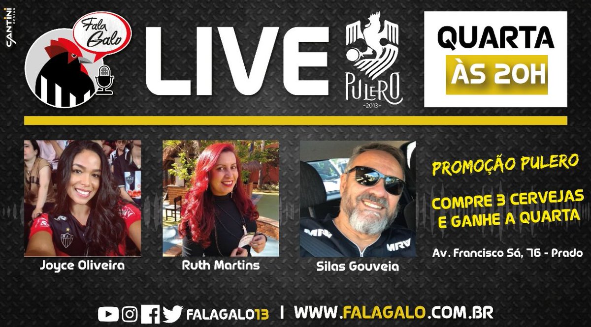 Falagalo13's tweet photo. ⏰Às 20h no @Pulerobar teremos o programa Fala Galo com @SilasGouveia17, @JoyoOliveira e @RuthMartinsBH. 

E vai ter promoção! Na compra de 3 cervejas, a quarta é na faixa (exceto artesanais). 🍻🍻

Inscreva-se e ative o sininho ⤵️
https://t.co/TYoeZZ3V1K 

#falagalo #pulerobar https://t.co/8rfOXF2LmH