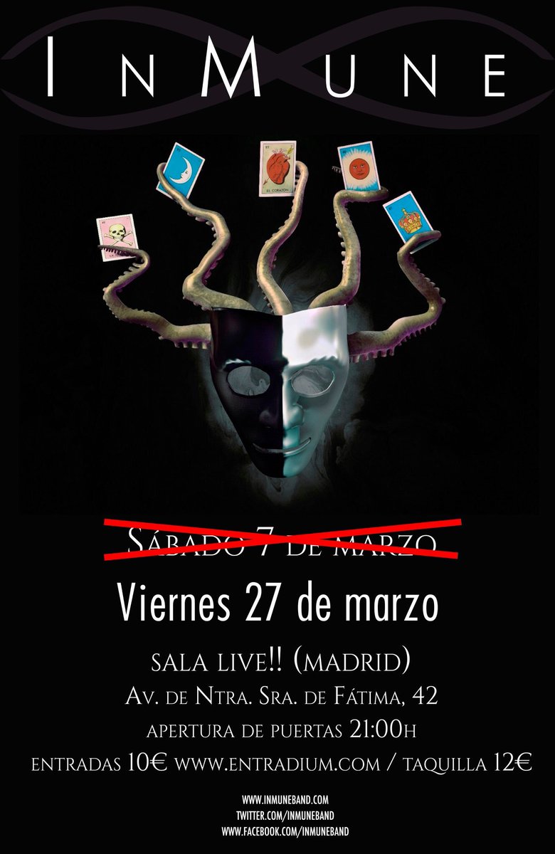 ¡InMunes de Madrid!

CAMBIO DE FECHA. La fecha del 7 de marzo pasa al viernes 27 de marzo en la misma <a href="/Sala_Live/">Sala Live!!</a>. Las entradas ya adquiridas siguen siendo válidas para la nueva fecha.