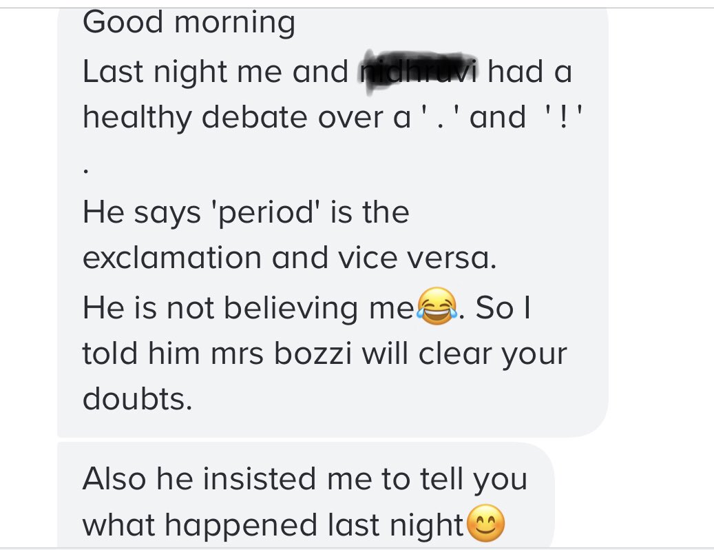 bozbakes's tweet photo. This made me 😀first thing this morning! I received it from a parent via the REMIND app @RemindHQ. A #Kindergarten student having a healthy debate about the use of a period or exclamation mark! They’ve come a long way since September! 😍#bozzisbunch https://t.co/ATmHpTY85n