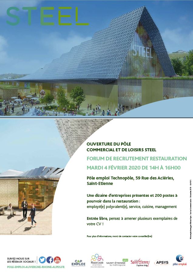 #STEEL, #versunmétier, #restauration ,  Forum de #recrutement@poleemploi en partenariat avec #SEM, #villedesaintetienne, #APSYS
   le 4 février de  14 heures à 16 heures
