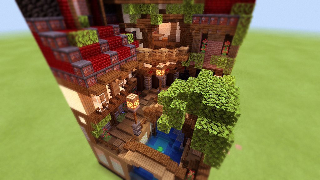 はるさめスープ 初16 16ᐠ ᐝ ᐟ 赤いネザーレンガと鍛冶台の屋根てどうだろて事で作ってみました Minecraft建築コミュ 1チャンク建築 T Co N0s6ala8db Twitter